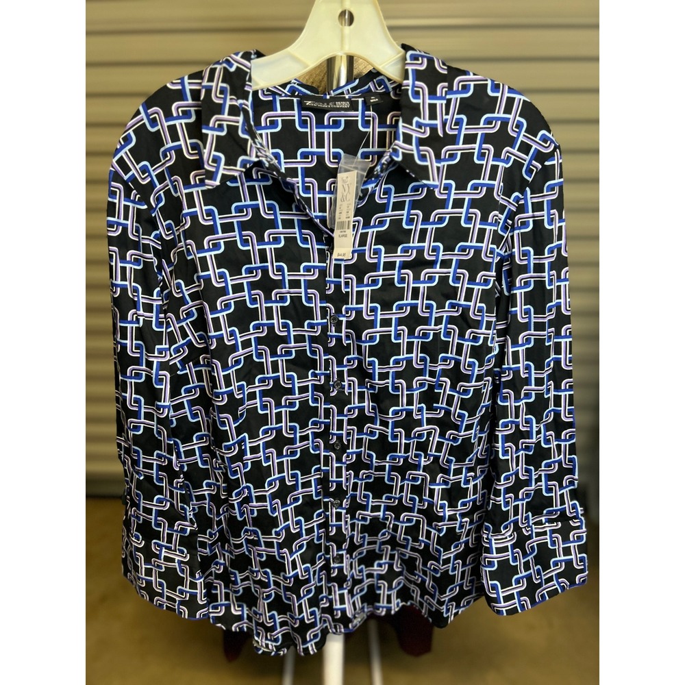 New York & Company Button Up Men XL Black 7th Avenue Geometric Chain Shirt NWT
